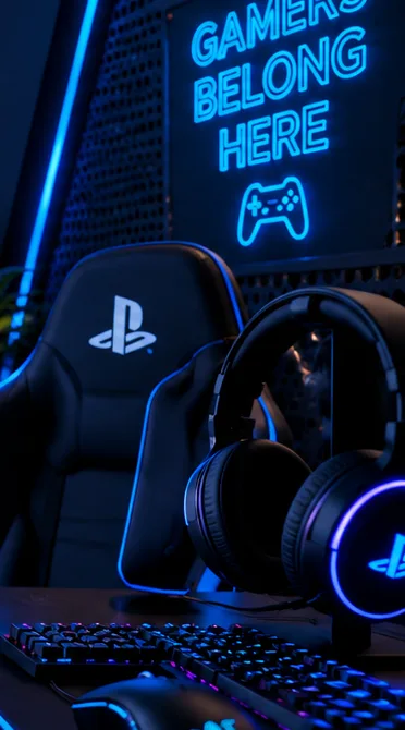 Kufje gaming dhe kontrollues në një stacion konsole